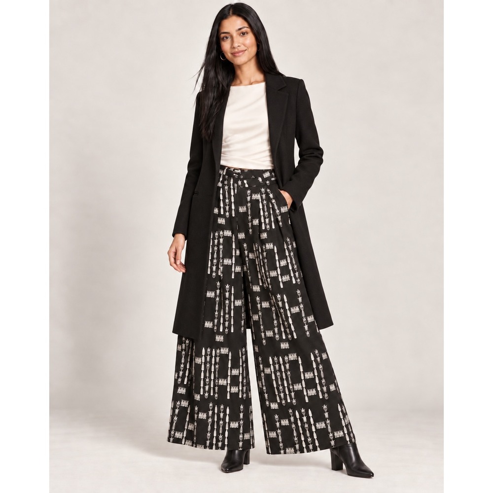 Masaba Black White Tribal Print Wide Leg Trousers High Waist Pleated Pants S
